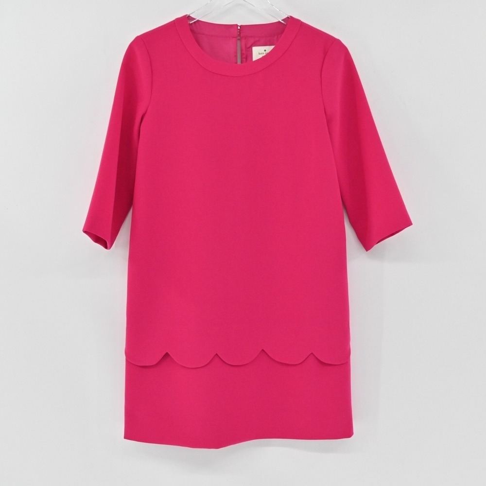 Kate Spade Demi Scallop Shift Dress Womens Size 2 Pink Fuchsia 3/4 Sleeve Party